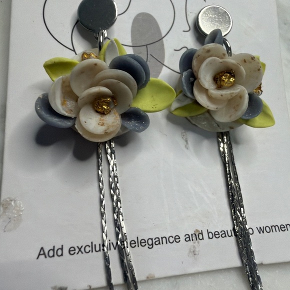 Floral Dangle Earrings with Silver and Yellow Accents - Picture 3 of 5